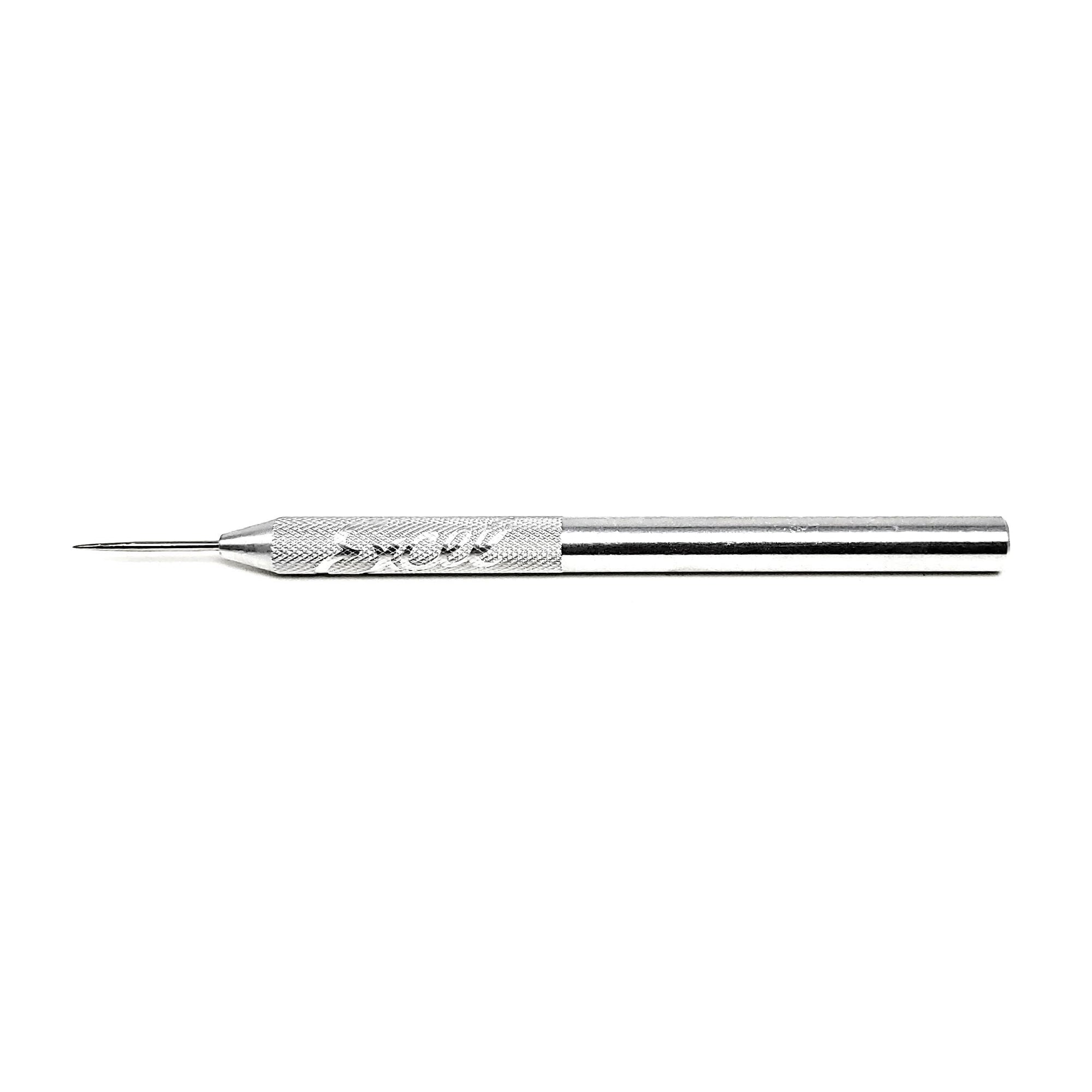 fixed point scribe tool with a silver aluminum body and a steel tip, designed for etching, marking, and scoring.