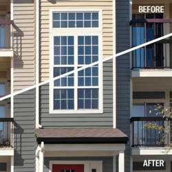 Comparison of a house facade before and after painting, showing beige siding on top and dark gray siding with red door below.